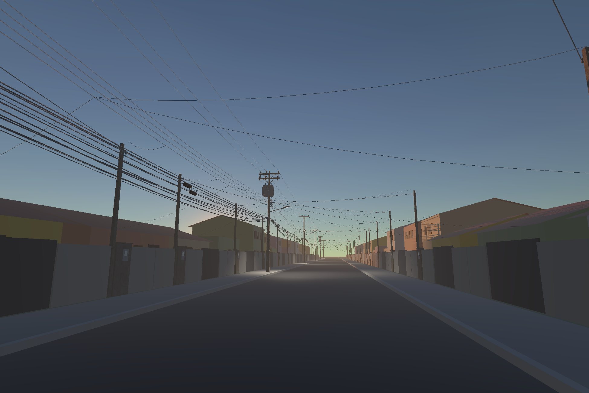 Brazilian Power Distribution Kit: a street at dusk with concrete poles and tangled cables